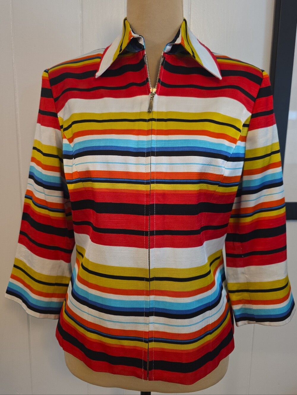 VTG Mishca Collared Multi Rainbow Stripe Full Zip 3/4 Sleeve Blazer Jacket Sz S